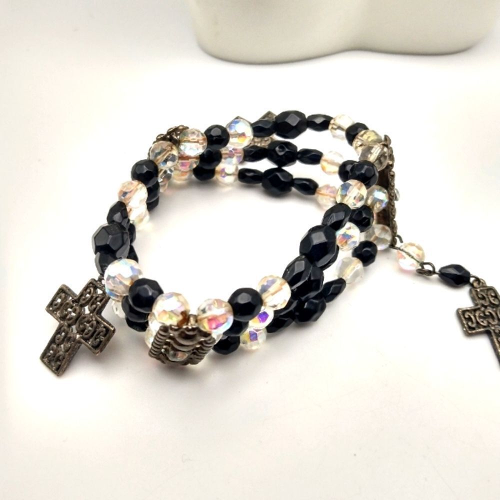 Brilliant shine white and black beaded rosary cross bracelet‎ three tiered